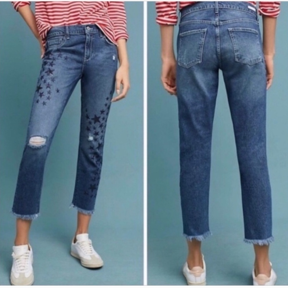 Anthropologie Pilcro Slim Boyfriend Raw Hem Sequin Embroidery Star Jean Sz 27 - Picture 1 of 10